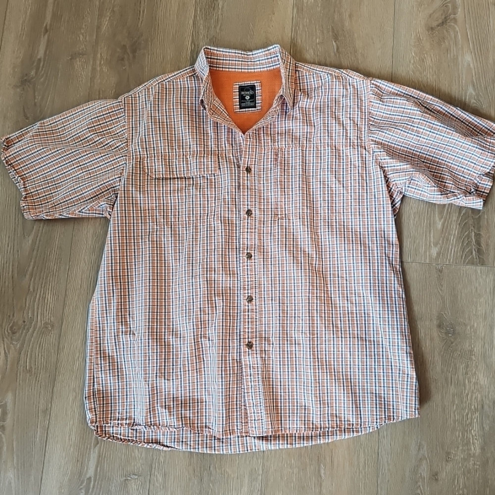 RedHead Men's Short Sleeve Button Down, XL, Orange Plaid, Zippered Front Pocket